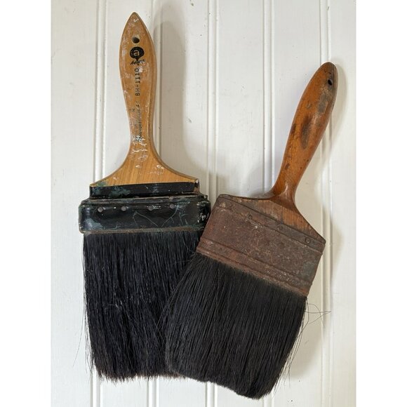 Vintage Pair Paint Brushes Wooden Handle French Farmhouse Cottage Craft Decor - Picture 1 of 12